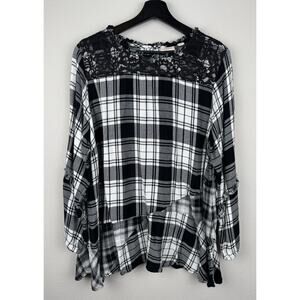 LOGO Lori Goldstein Lavish Top Womens Size 1X Black White Long Sleeve Plaid Lace